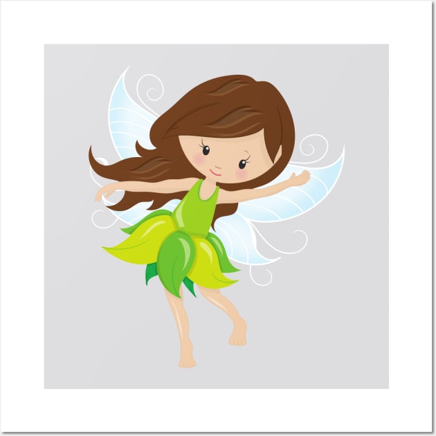 Cute Fairy, Brown Hair, Magic Fairy, Forest Fairy Wall Art by Jelena Dunčević